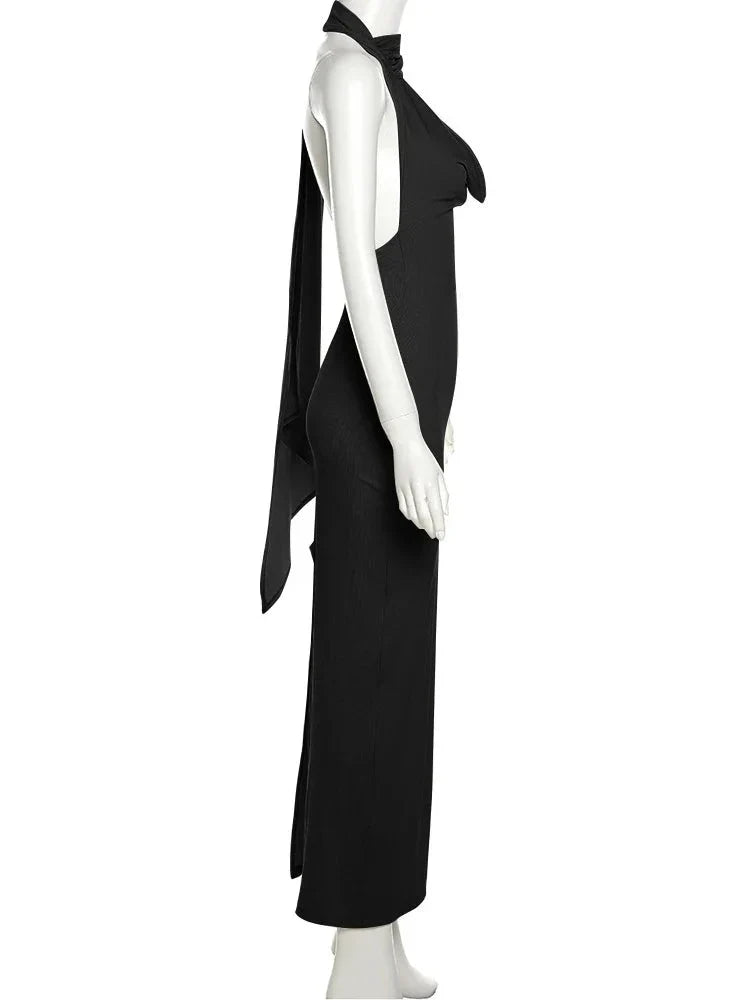 Backless Halter Evening Dress With Scarf Hollow Back Split Skinny - MERGE.DAY.1.FREESTYLE