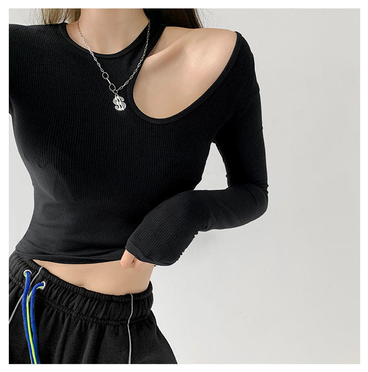 Hollow T-shirt Women Fashion Slim Y2K Cropped Tops Off Shoulder Long Sleeve Tees Woman - MERGE.DAY.1.FREESTYLE