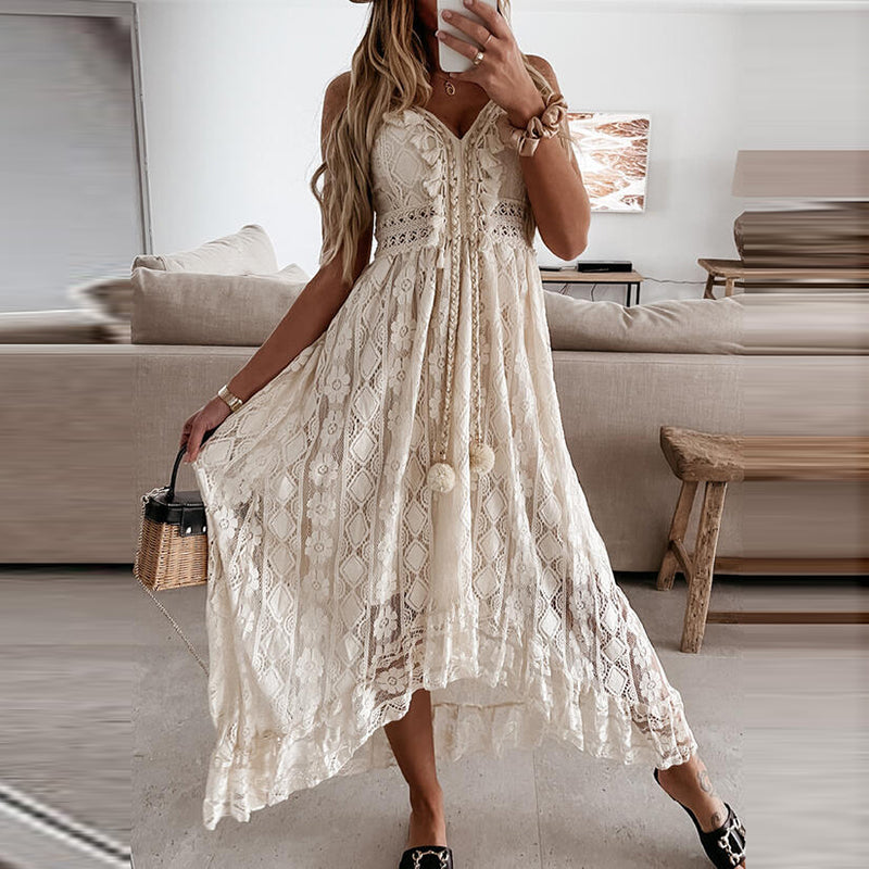 Women Dress Beach Style Elegant White Lace Spaghetti Srap Sundress Female Hollow Out Boho - MERGE.DAY.1.FREESTYLE
