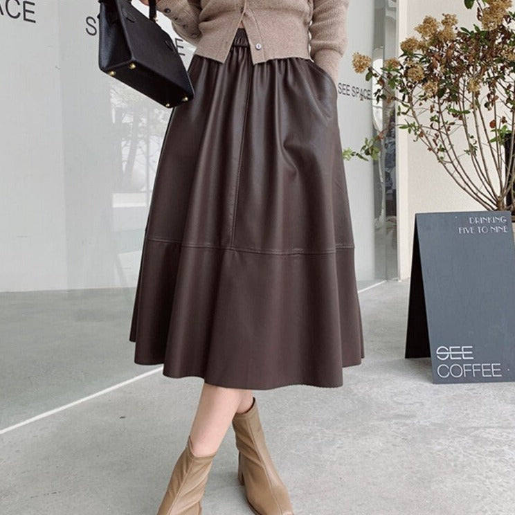 PU Skirts Elastic High Waist Pockets Faux Leather A-line Skirts - MERGE.DAY.1.FREESTYLE