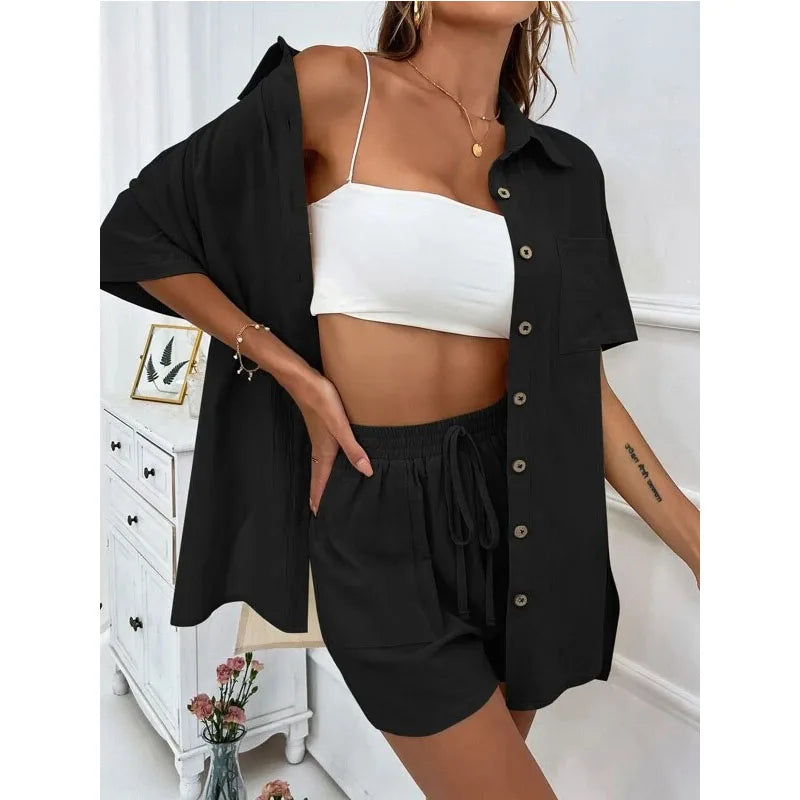 Solid Color Casual Loose Short Pants Sets For Women - MERGE.DAY.1.FREESTYLE