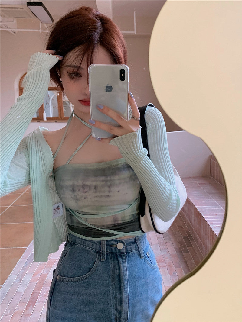 Summer Cardigan Two Piece Sets Women Fashion Slim Green Tie-dye Tops+See Through Thin Knitted - MERGE.DAY.1.FREESTYLE