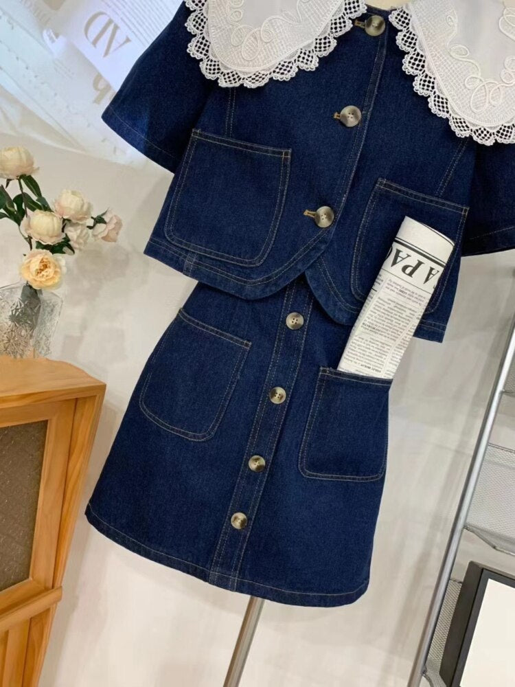 Summer Sweet Denim Suit Lace Peter Pan Collar Single Breasted Tops+high Waist A-line Skirts - MERGE.DAY.1.FREESTYLE