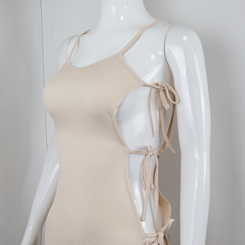 Side Hollow Out Bandage Long Dress Streetwear Beige Lace-up Sapghetti Strap Vestito - MERGE.DAY.1.FREESTYLE