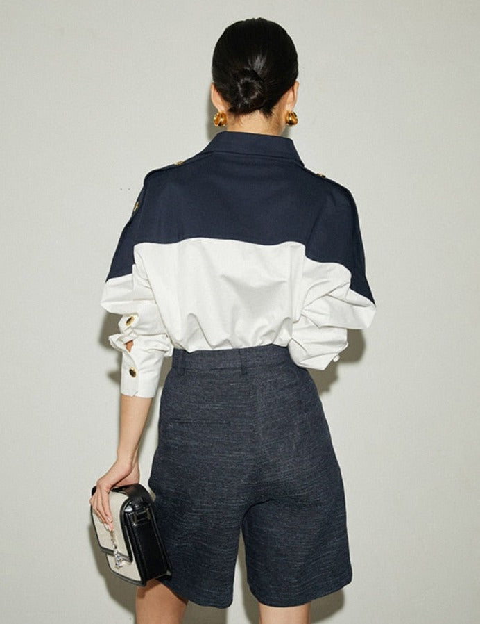 Patchwork Lapel Women Shirts Long Sleeve Single-breasted Loose Female Blouses - MERGE.DAY.1.FREESTYLE