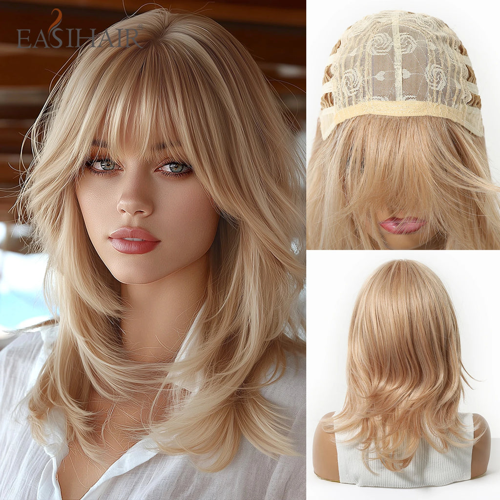 EASIHAIR Medium Length Wavy Blonde Synthetic Wig With Bangs For Women Natural Wigs Hair Heat Resistant Daily Party Cosplay Use - MERGE.DAY.1.FREESTYLE