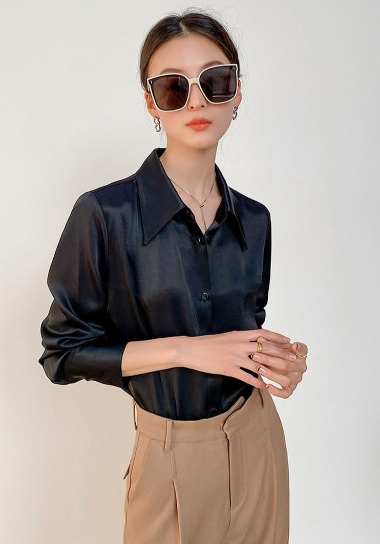 Turn-down Collar Solid Blouses Women Full Sleeve Loose Single-breasted Satin Shirts - MERGE.DAY.1.FREESTYLE