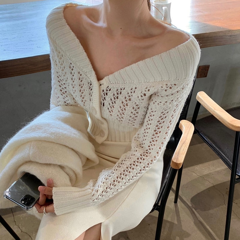 Women Hollow Sweater Cardigan Outerwear V Neck Button Knitted Tops Jackets - MERGE.DAY.1.FREESTYLE