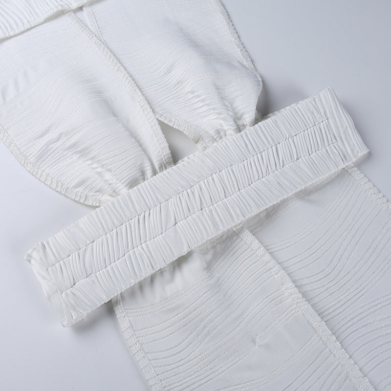 White Deep V-neck Halter Bandage 2 Pieces Sets Sleeveless Backless Suits Outfits with Shorts - MERGE.DAY.1.FREESTYLE