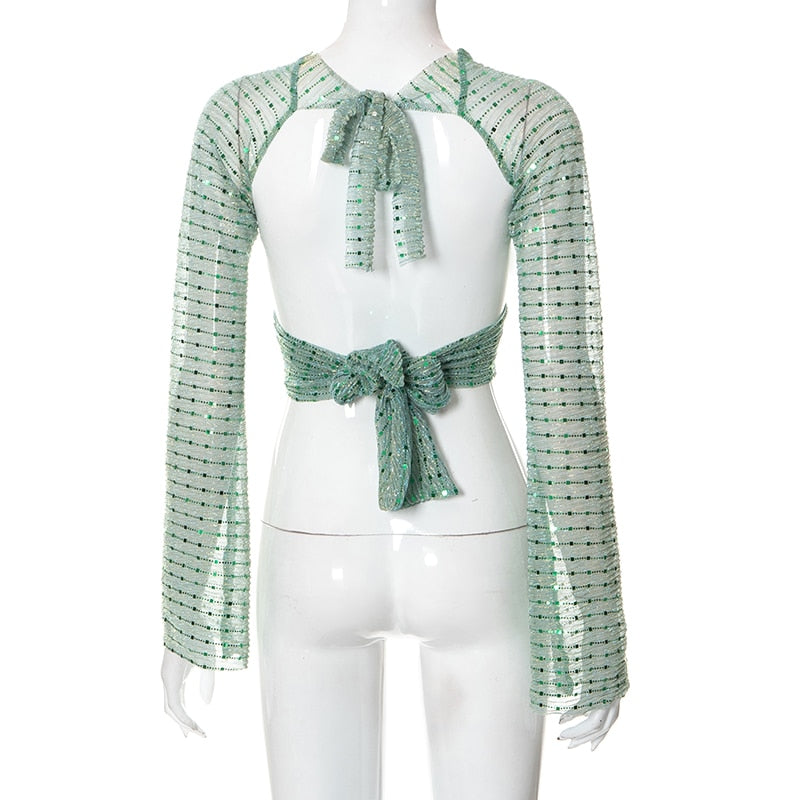 Bling Glitter Sequins Bell Long Sleeve Lace Up Crop Top Blouse Y2K - MERGE.DAY.1.FREESTYLE