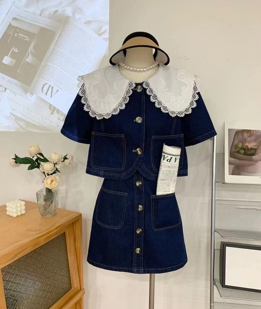 Summer Sweet Denim Suit Lace Peter Pan Collar Single Breasted Tops+high Waist A-line Skirts - MERGE.DAY.1.FREESTYLE