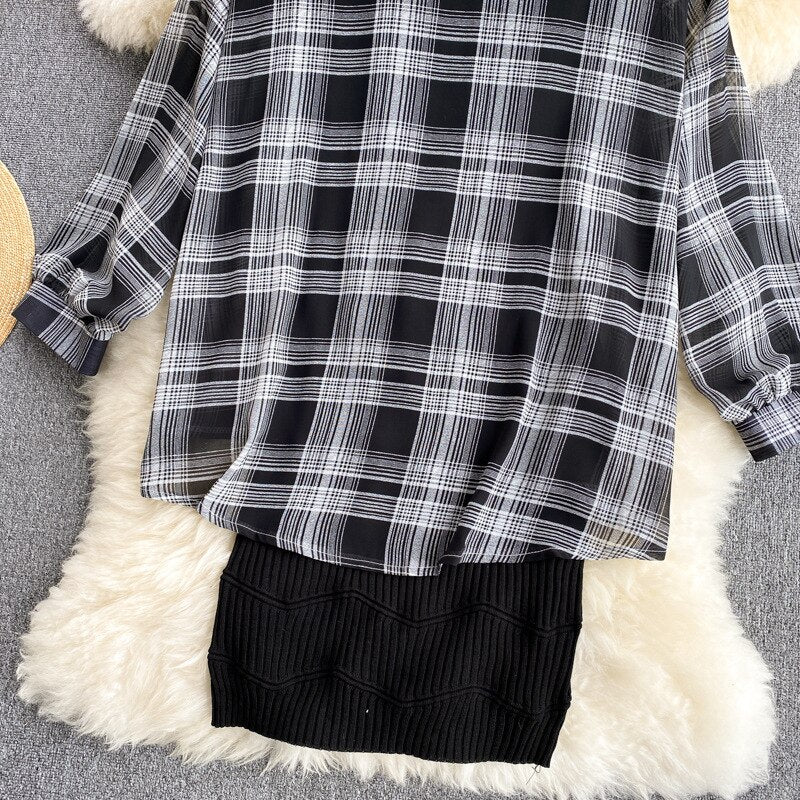Summer Women Two Piece Set Plaid Long Sleeve Sunscreen Shirt+A-line Knitting Slip Dress - MERGE.DAY.1.FREESTYLE