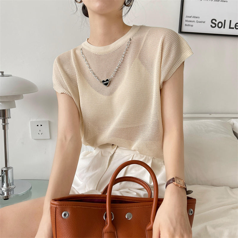 Hollow T-shirt Chain Women Summer New Solid Color Short Sleeve Knitted Tops Female 2022 - MERGE.DAY.1.FREESTYLE