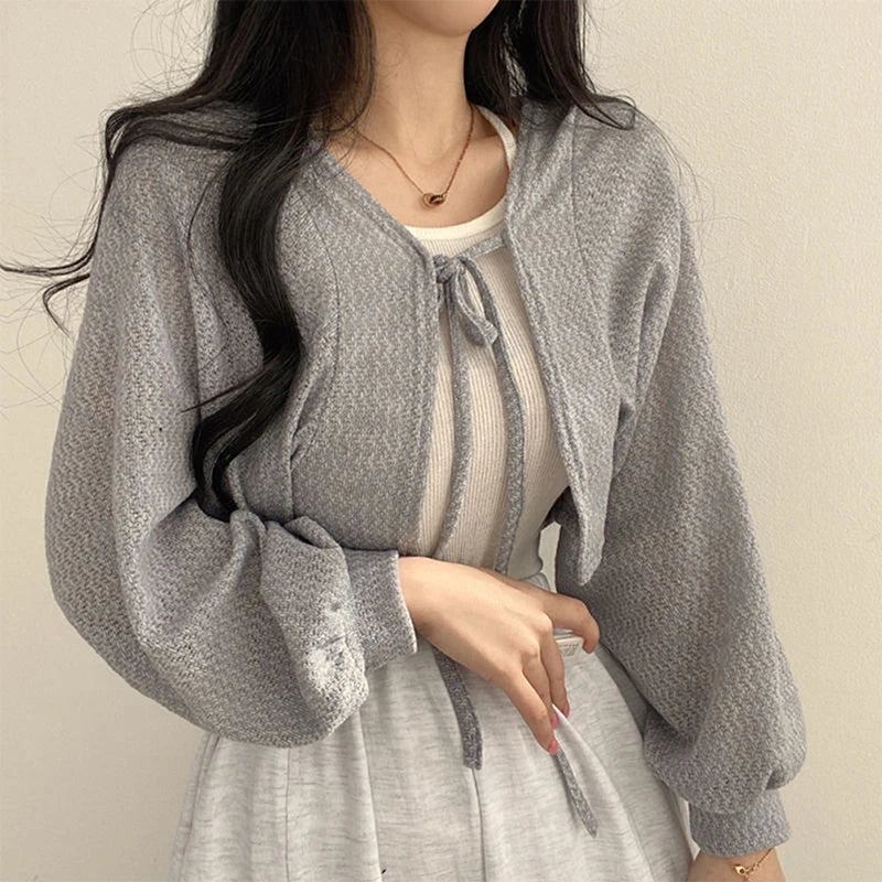 Retro Short Knitted Smock Tie Lantern Sleeve Short - MERGE.DAY.1.FREESTYLE