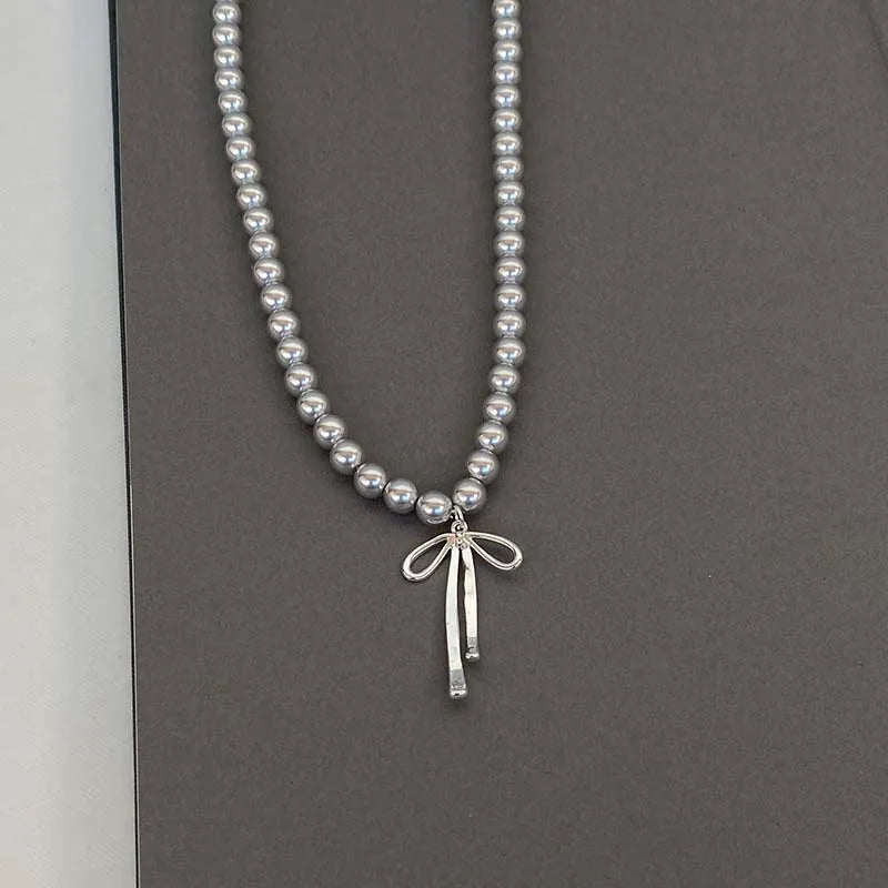 Vintage Grey Pearl Bowknot Pendant Necklace - MERGE.DAY.1.FREESTYLE