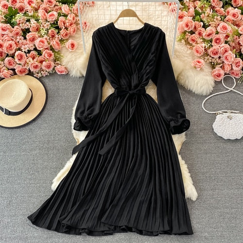 Slim Dress Elegant A Line V Neck Puff Sleeve Chiffon Pullover Mid-Calf Dresses - MERGE.DAY.1.FREESTYLE