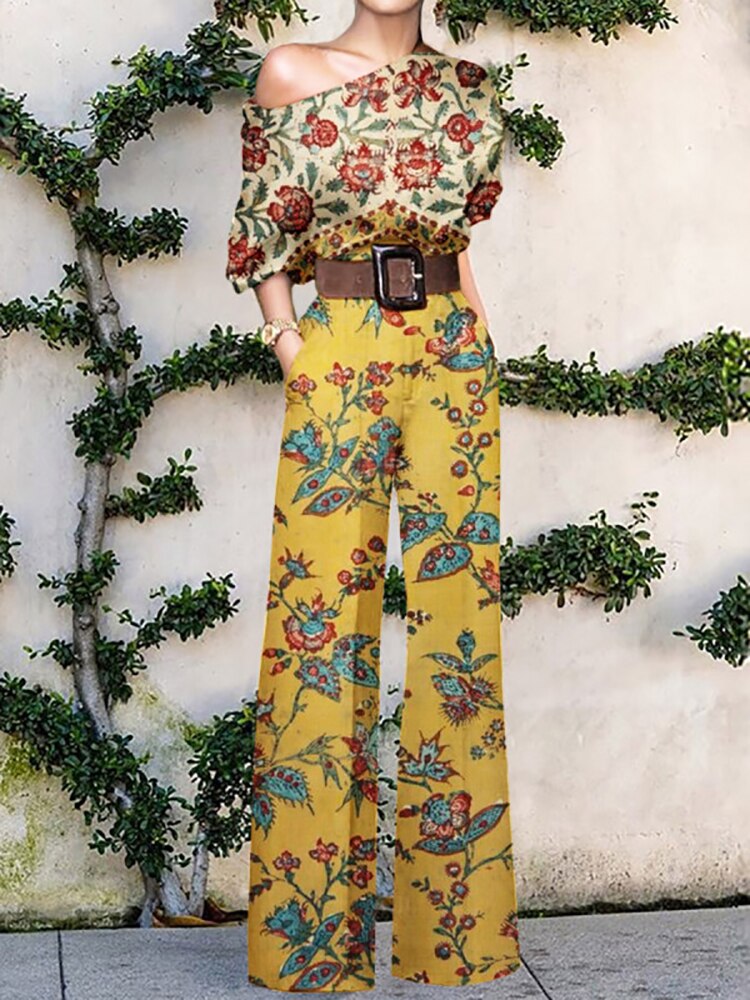 2022 Summer Pattern Print Jumpsuit Off Shoulder Romper Women Wide Leg Pant Playsuit - MERGE.DAY.1.FREESTYLE