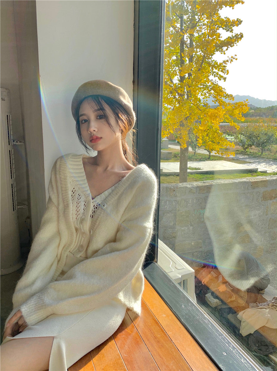 Women Hollow Sweater Cardigan Outerwear V Neck Button Knitted Tops Jackets - MERGE.DAY.1.FREESTYLE