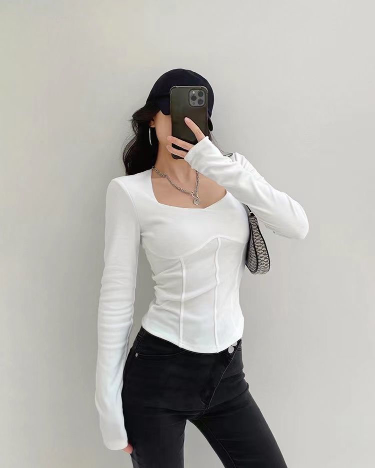 High Waist Cropped Tops Women Fashion Square Neck Long Sleeve T-Shirt Slim Basic Y2K Tees - MERGE.DAY.1.FREESTYLE