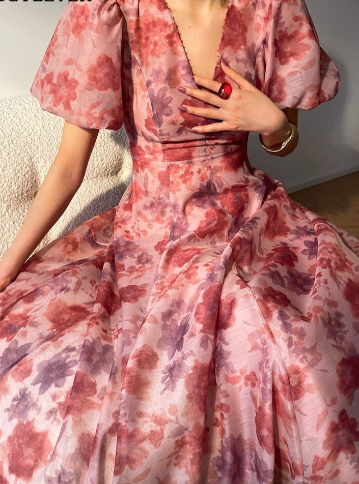 V-neck Floral Printed Dress Women Elegant Puff Sleeve Slim A-line Dress - MERGE.DAY.1.FREESTYLE