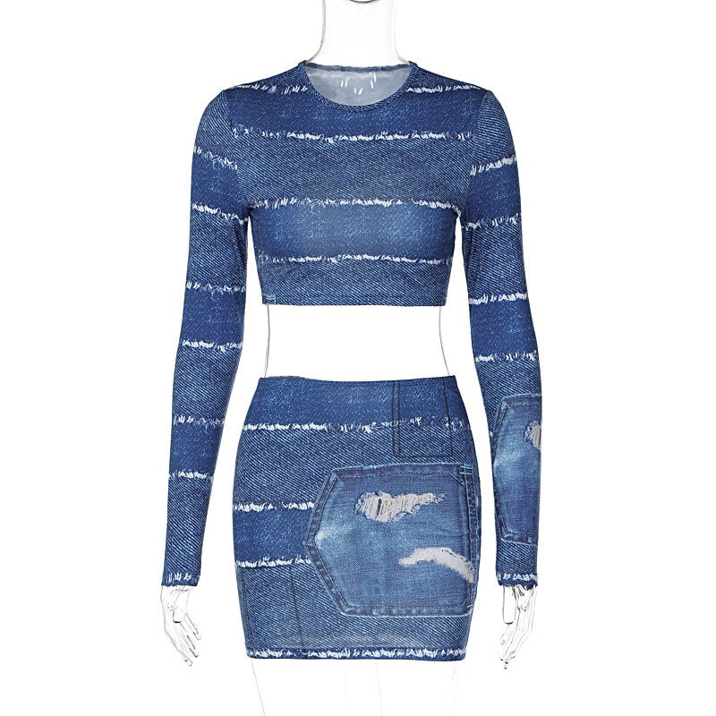Print O Neck Long Sleeve Vintage Sexy Crop Top Patchwork Skirt 2 Pcs Set - MERGE.DAY.1.FREESTYLE