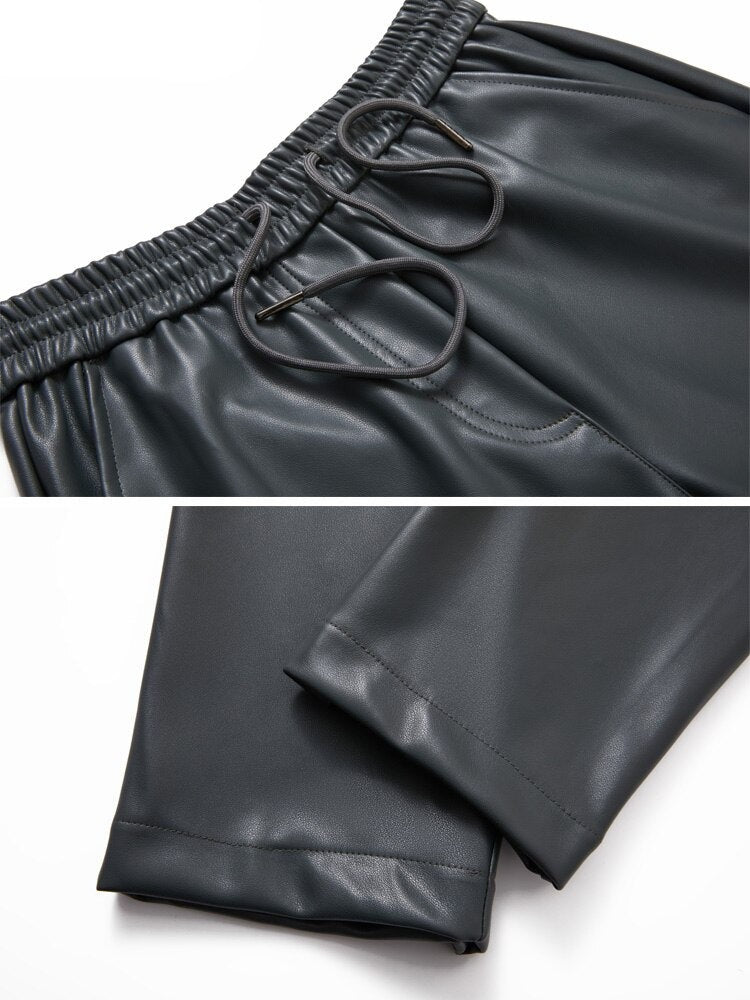 Drawstring PU Leather Trousers Women Elastic Waist Straight Faux Leather Pants - MERGE.DAY.1.FREESTYLE