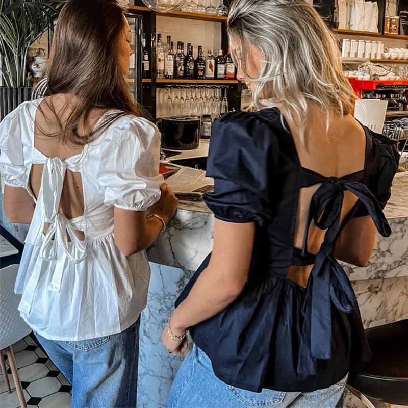 Fashion Backless Short Sleeve Shirts For Women Casual Back Lace Up Tops - MERGE.DAY.1.FREESTYLE