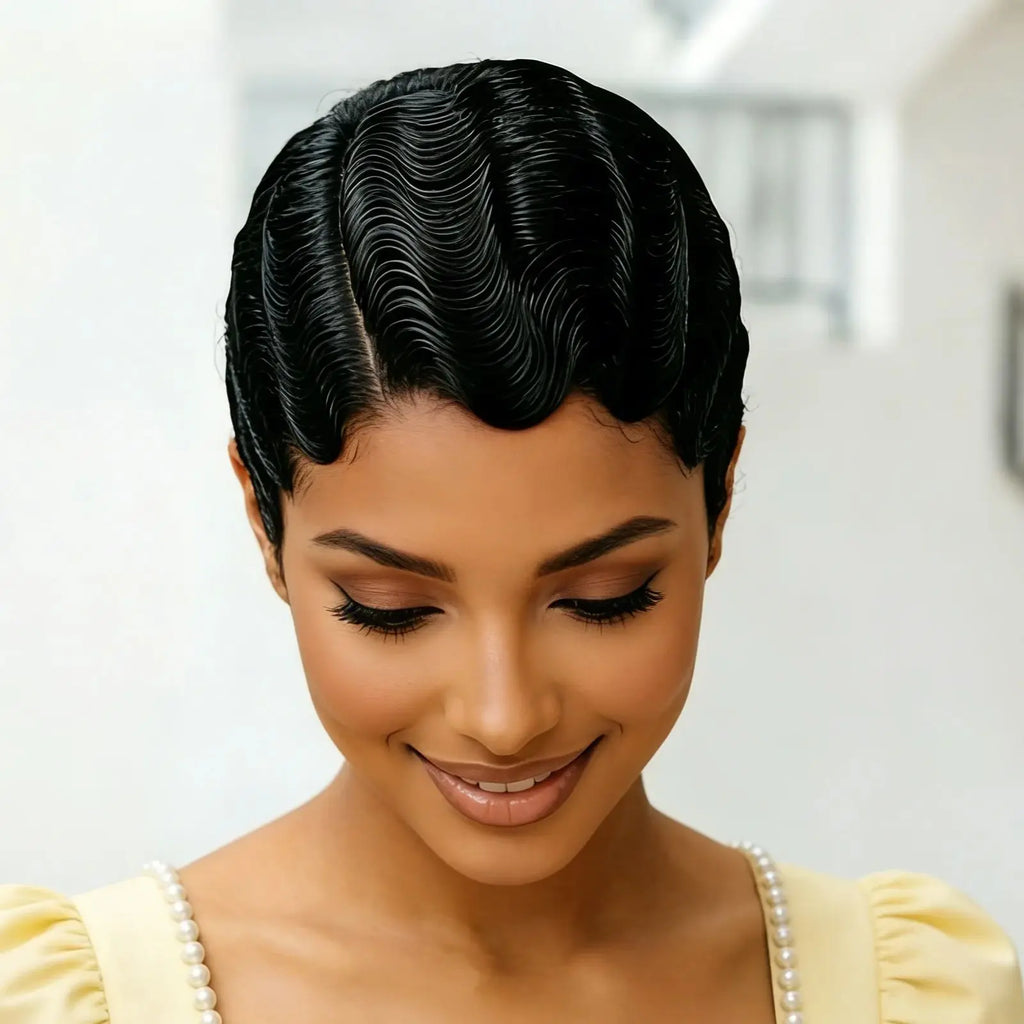 13X4 Lace Front Wig Brazilian Human Hair Finger Wave Short Pixie Cut Wig for Women 180% Density - MERGE.DAY.1.FREESTYLE
