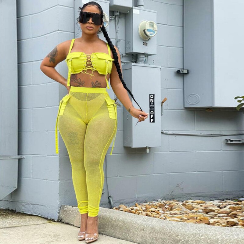 See Through Mesh Crop Top and Trousers Two Piece Set Casual Streetwear 2022 - MERGE.DAY.1.FREESTYLE