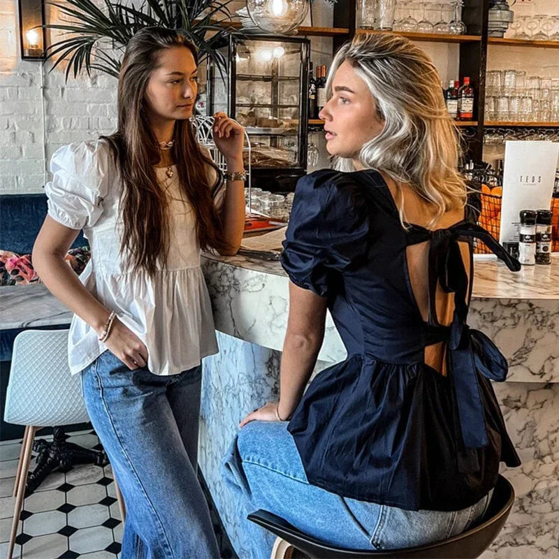 Fashion Backless Short Sleeve Shirts For Women Casual Back Lace Up Tops - MERGE.DAY.1.FREESTYLE
