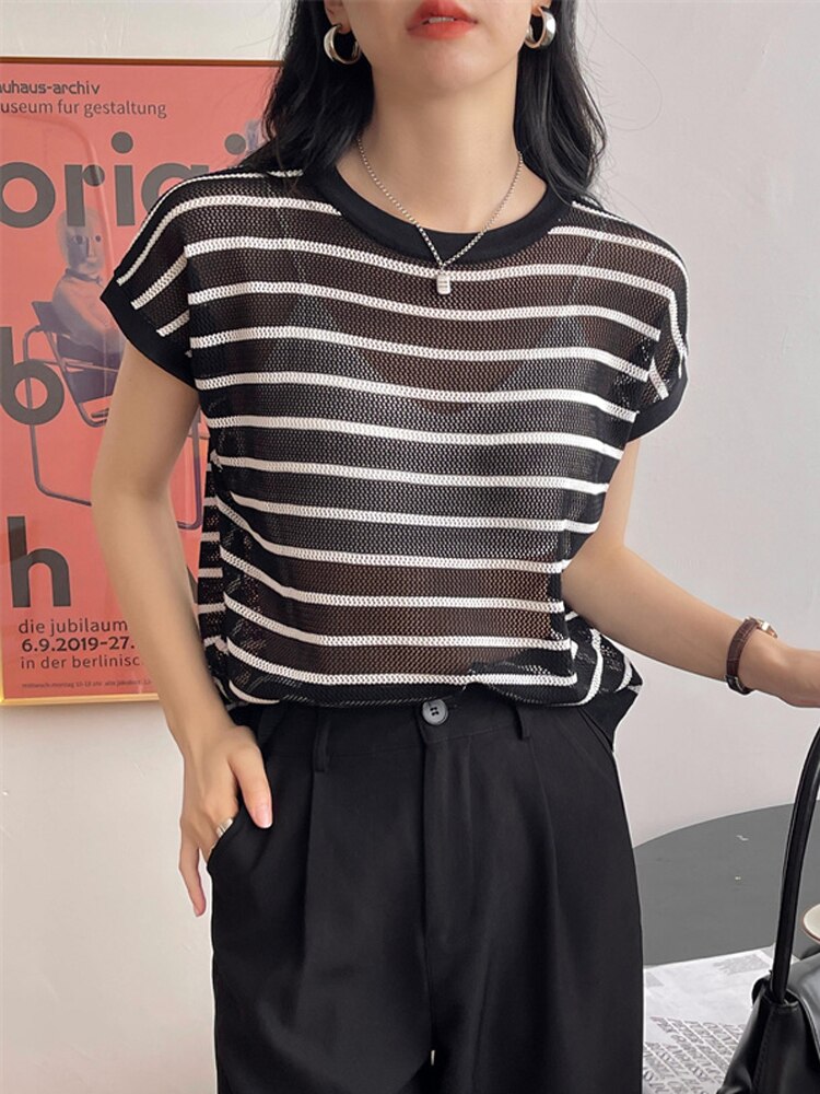 Hollow T-shirt Chain Women Summer New Solid Color Short Sleeve Knitted Tops Female 2022 - MERGE.DAY.1.FREESTYLE