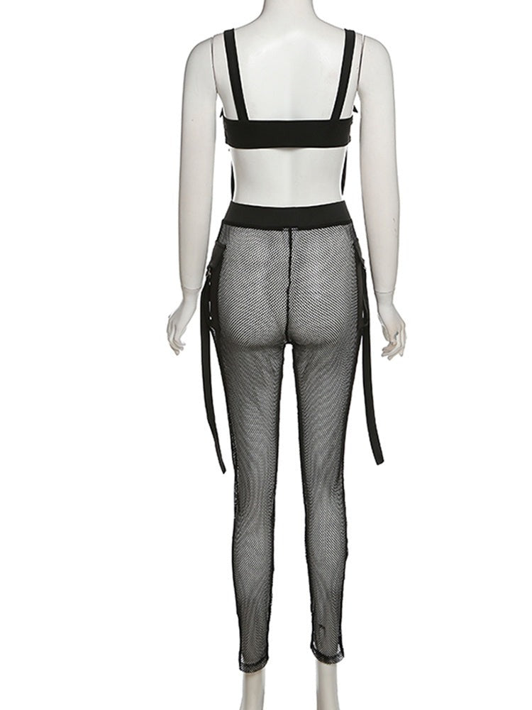 See Through Mesh Crop Top and Trousers Two Piece Set Casual Streetwear 2022 - MERGE.DAY.1.FREESTYLE
