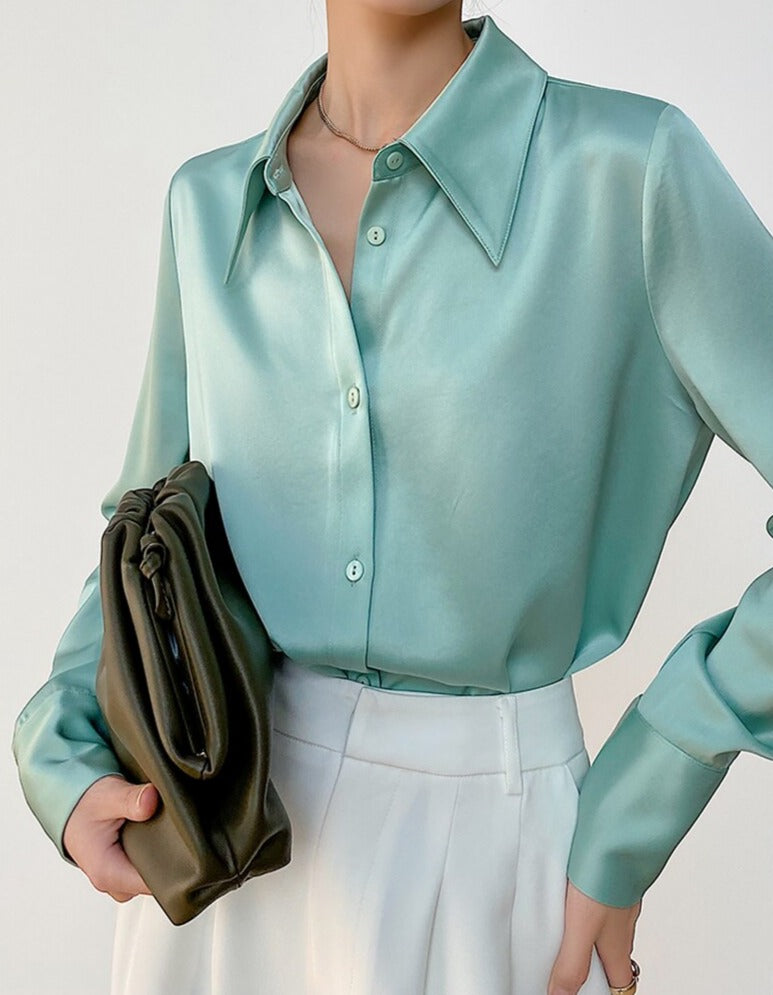 Turn-down Collar Solid Blouses Women Full Sleeve Loose Single-breasted Satin Shirts - MERGE.DAY.1.FREESTYLE