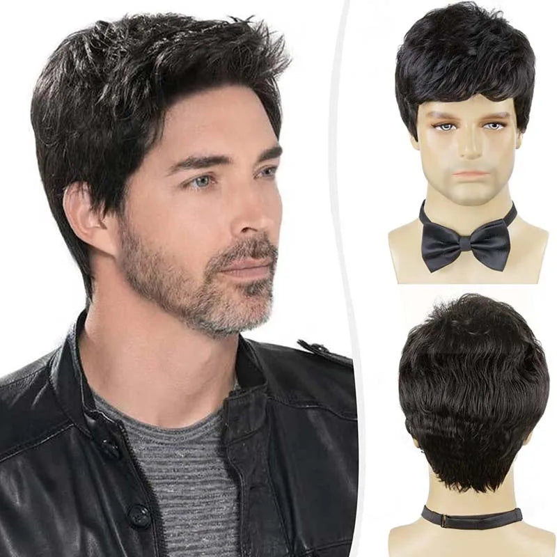 MSIWIGS Men Short Straight Wig Ombre Grey Brown Synthetic Wig White for Male Hair Fleeciness Realistic Natural Headgear - MERGE.DAY.1.FREESTYLE