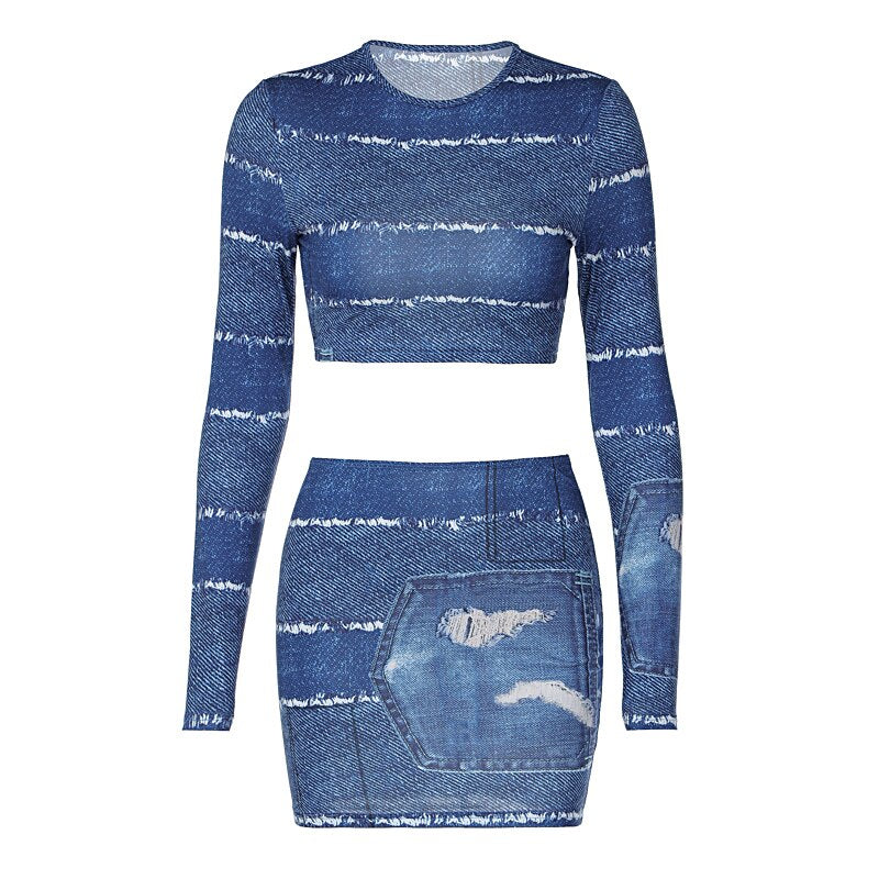 Print O Neck Long Sleeve Vintage Sexy Crop Top Patchwork Skirt 2 Pcs Set - MERGE.DAY.1.FREESTYLE