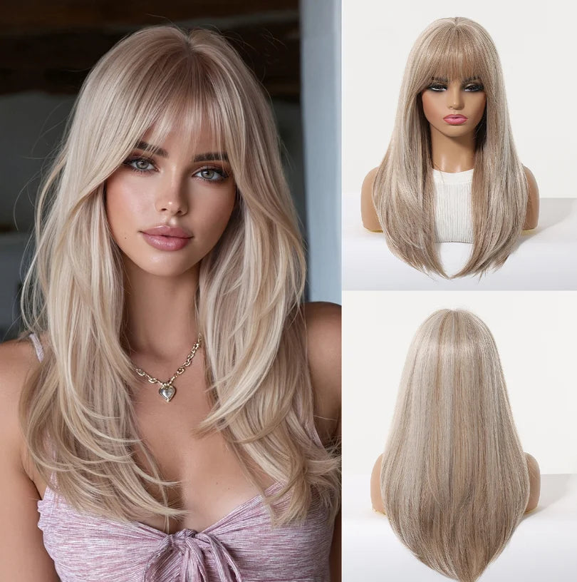 EASIHAIR Medium Length Wavy Blonde Synthetic Wig With Bangs For Women Natural Wigs Hair Heat Resistant Daily Party Cosplay Use