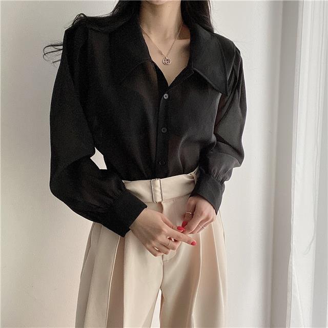 See Through Button Down Shirts Women New Loose Long Sleeve Blouse Female 2022 Summer Suncreen Tops - MERGE.DAY.1.FREESTYLE