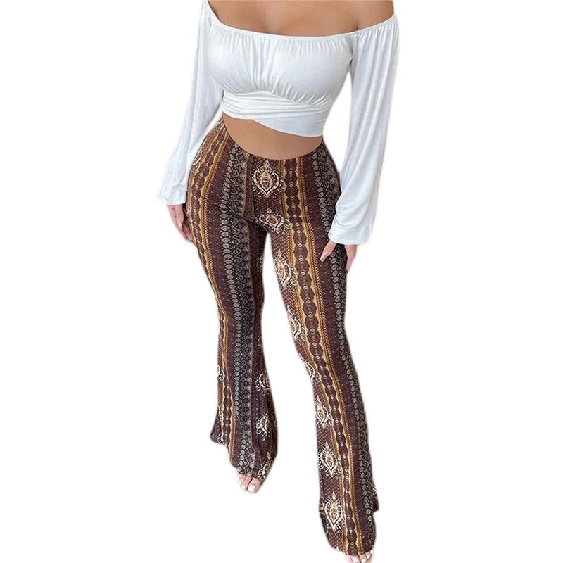 Frauen Boho Flare Pants Ethnic Tribal Print Bell Bottom Yoga Palazzo Hose - MERGE.DAY.1.FREESTYLE