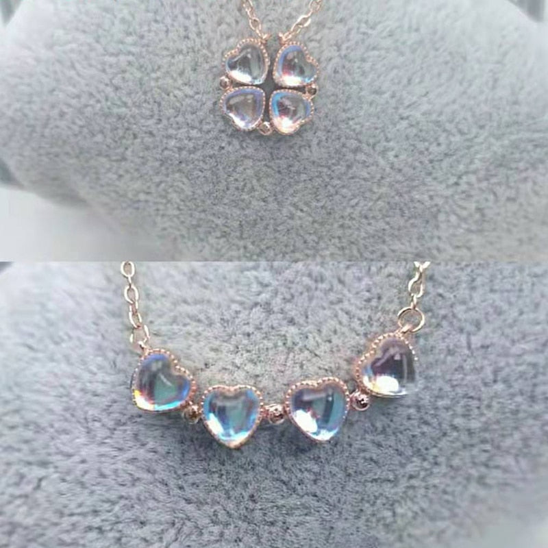 Love Heart Shaped Double Side Moonstone Magnetic Four Leaf Clover Good Pendant Necklace - MERGE.DAY.1.FREESTYLE