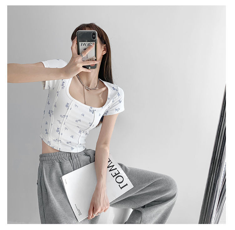 Summer Floral Cropped Top Women Slim Square Neck Short Sleeve White T-shirts Female - MERGE.DAY.1.FREESTYLE