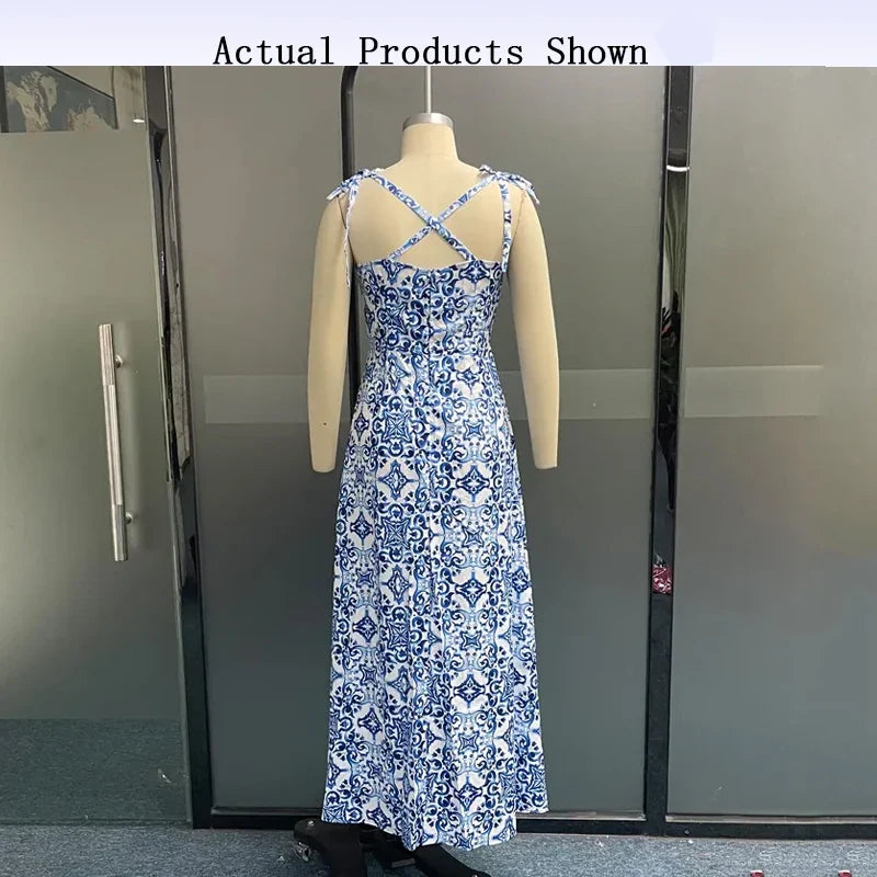 Porcelain Print Slim Strap Sleeveless Tie up Backless Split Dresses - MERGE.DAY.1.FREESTYLE
