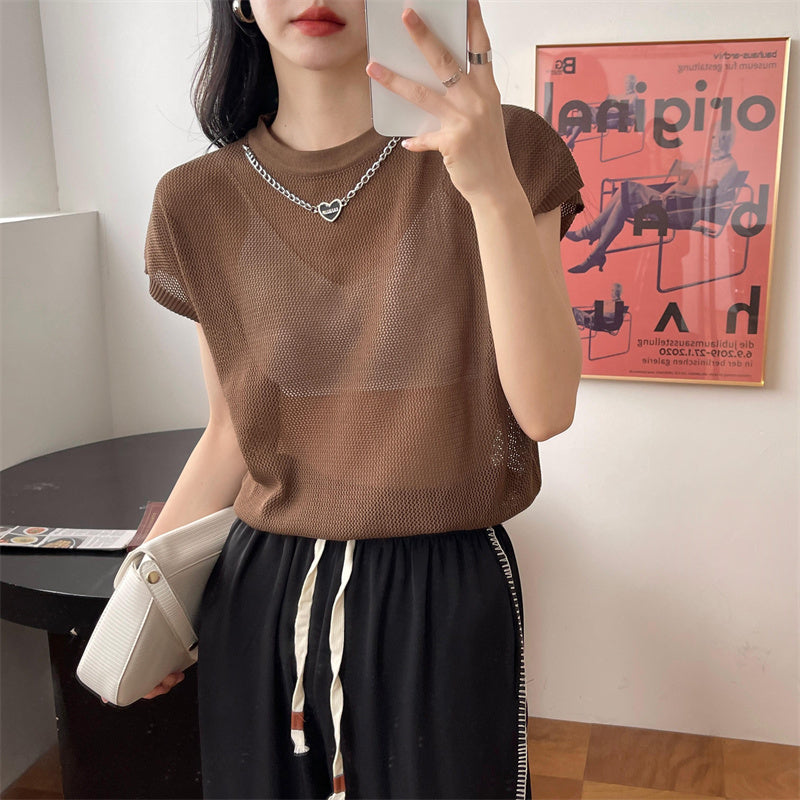 Hollow T-shirt Chain Women Summer New Solid Color Short Sleeve Knitted Tops Female 2022 - MERGE.DAY.1.FREESTYLE