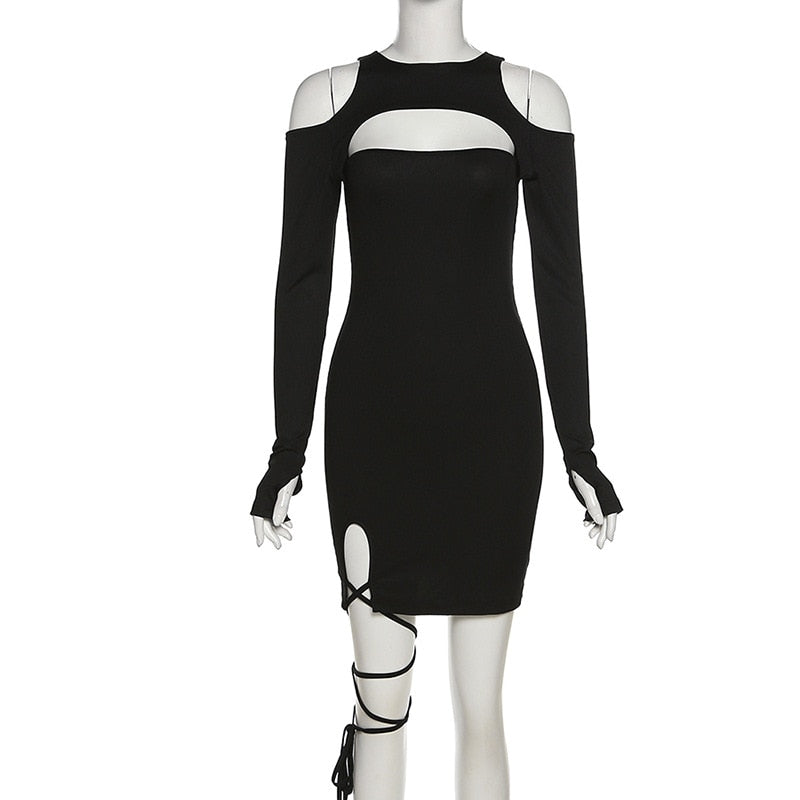 Hollow Out Long Sleeve Bandage Wrap Dress Women Off Shoulder Bodycon Mini Nightclub Dresses - MERGE.DAY.1.FREESTYLE