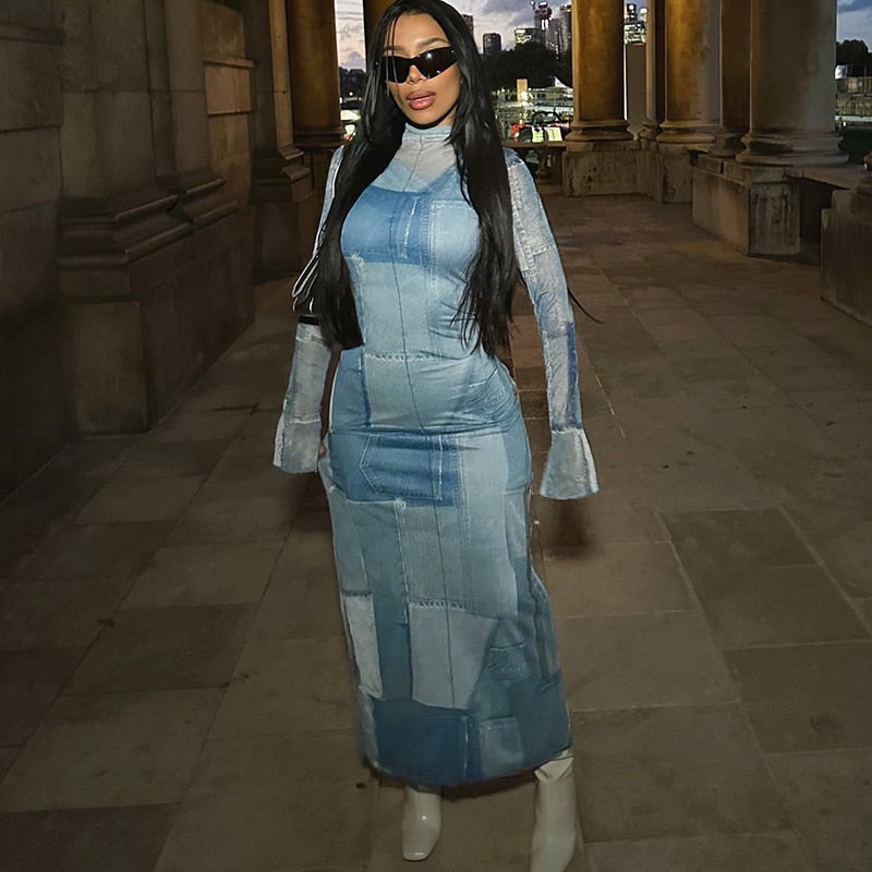 Mesh O Neck Long Flare Sleeve Print Slit Vintage Sexy Bodycon Maxi Dress - MERGE.DAY.1.FREESTYLE