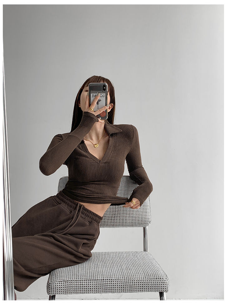 Sexy V-Neck Slim Fitness Women's T-Shirt Long Sleeve Polo Shirt Woman High Waist Cropped Tops - MERGE.DAY.1.FREESTYLE