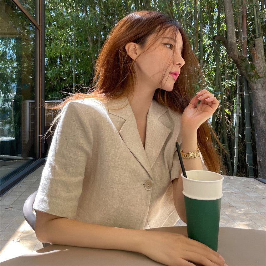 Cotton Linen Skirt 2 Two Piece Sets Outfits Female Short Sleeve Blazer Suits with High Waist - MERGE.DAY.1.FREESTYLE