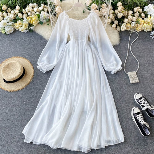 Holiday Puff Sleeve Slash Neck Off Shoulder Smocked White Chiffon Dresses - MERGE.DAY.1.FREESTYLE