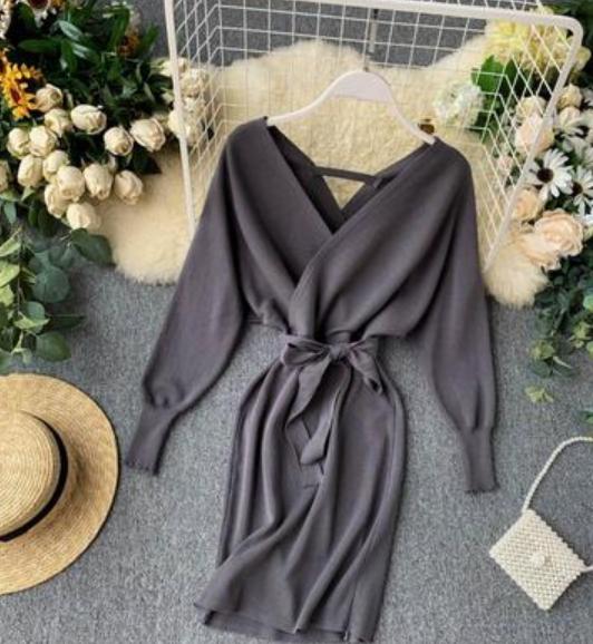 Autumn Women Sexy Elegant Knitted Dress Backless V Neck Sash Tie Up High Waist Dresses - MERGE.DAY.1.FREESTYLE