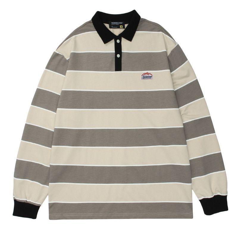 Striped POLO Shirt Men Women Casual Loose Couple BF Lapel Sweatshirts - MERGE.DAY.1.FREESTYLE