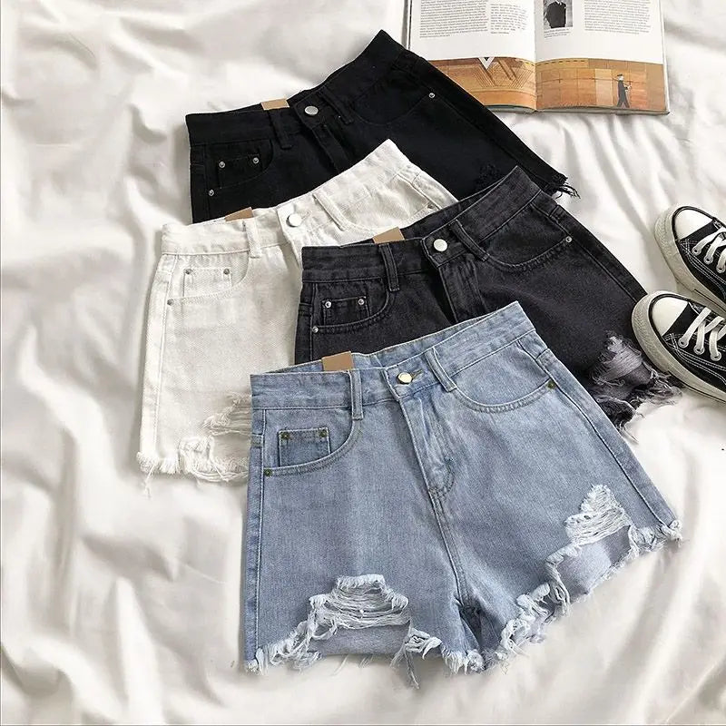 Pocket Tassel Perforated Denim Shorts Female - MERGE.DAY.1.FREESTYLE
